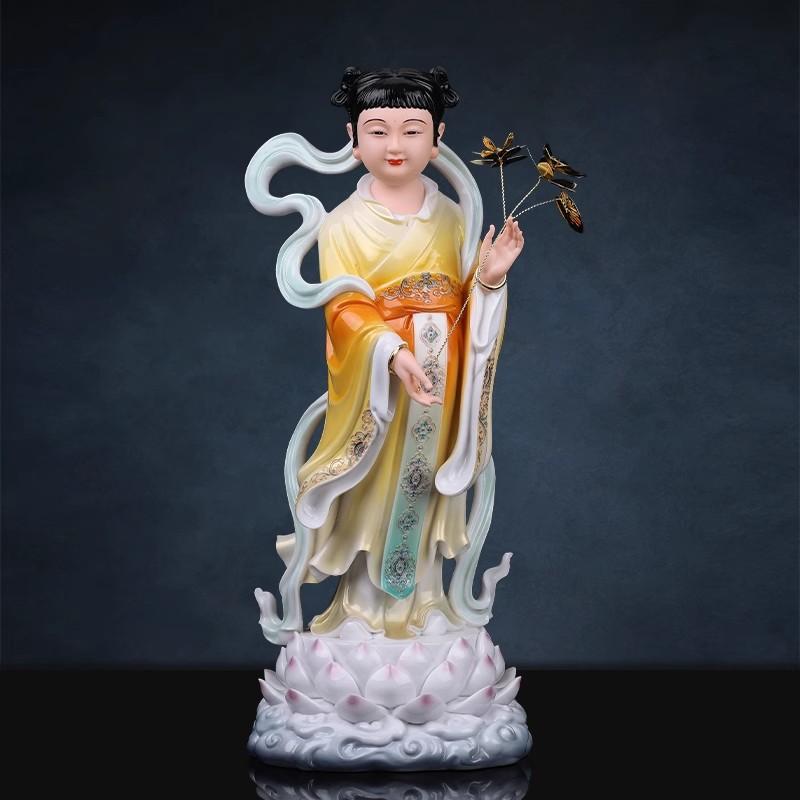 

Мальчик Шаньцай, золотой мальчик из смолы и девочка из нефрита, ребенок под троном бодхисаттвы Гуаньинь, украшения для подношений дома, 1 шт. 22x16x30cm