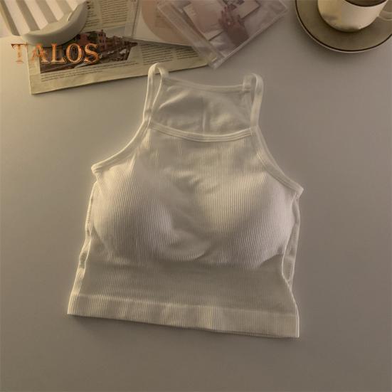 Damen Gepolstertes Rippen-Tanktop Sommer Ärmelloses Racerback Basic Top mit integriertem BH Spaghettiträger Camisole Crop Top