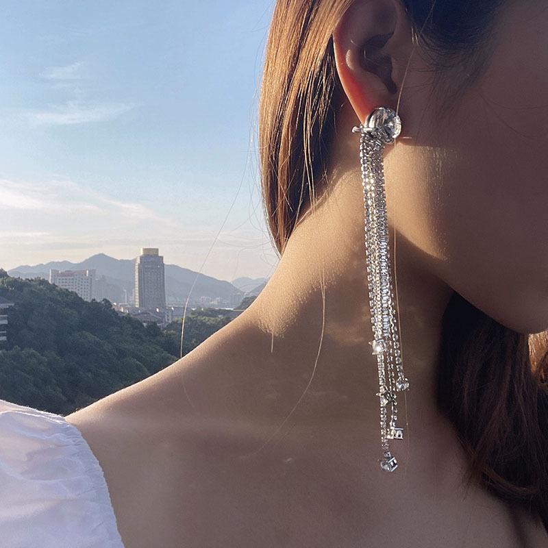 Retro Rhinestone Long Tassel Earrings: Exaggerated Socialite Style, Light Luxury for Women