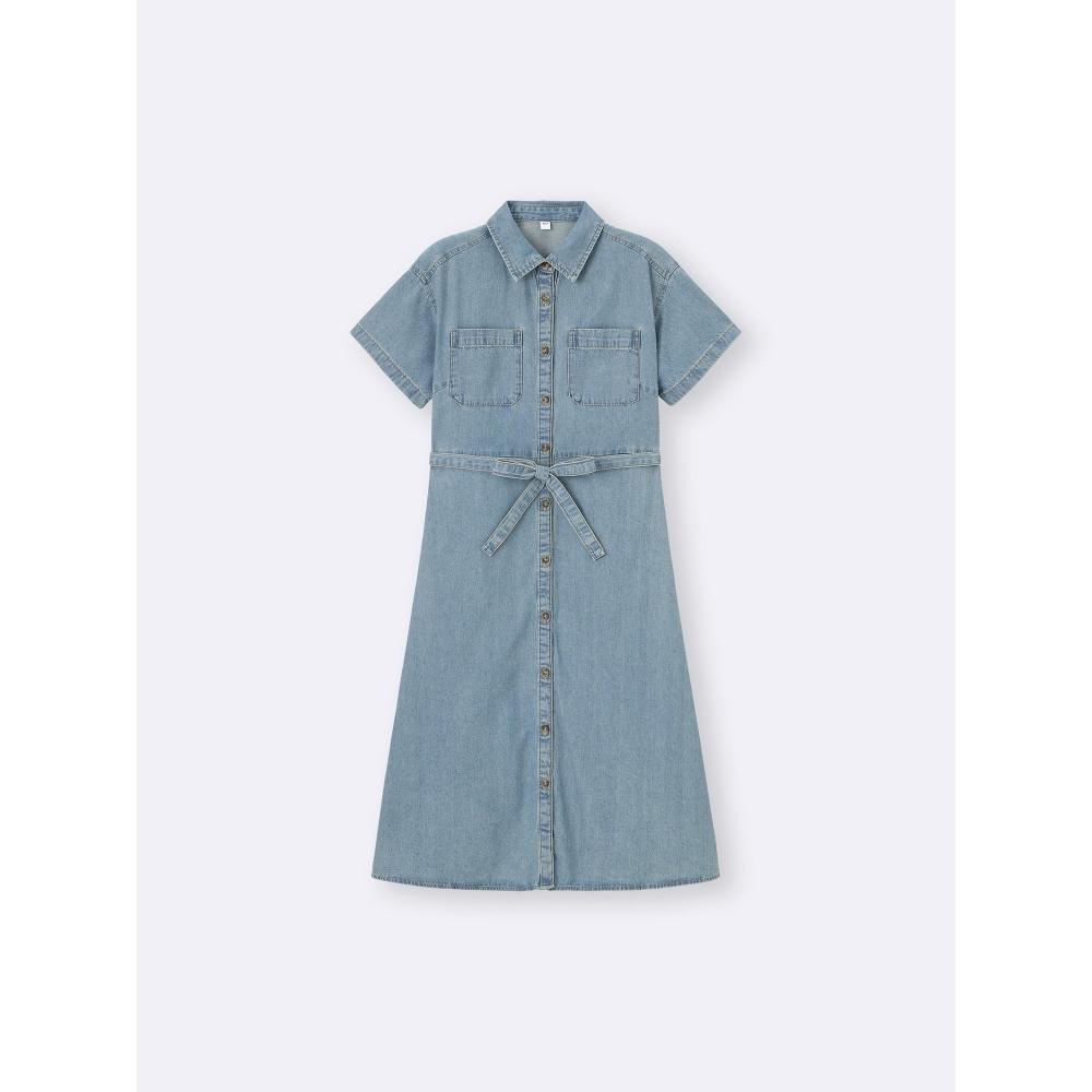 GU by Uniqlo Rochie Cămașă de Lucru Denim Light Mânecă Scurtă +ec