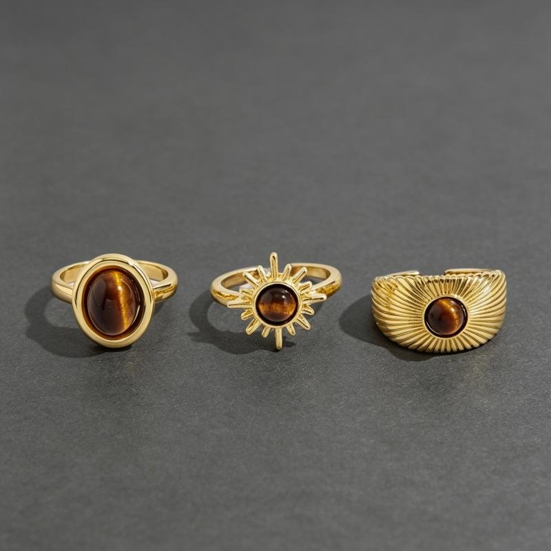European and American retro tiger's eye stone open ring set, women's gold light luxury stacked index finger ring, niche design ring