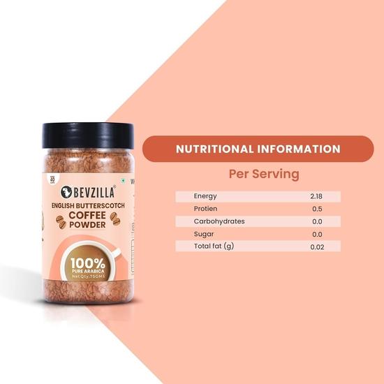 Bevzilla 75g Butterscotch-Aroma Kaffeepulver Glas | Premium Arabica Kaffee | Ideal für Espresso, Latte & Cappuccino | Heiße & Kalte Kaffeezubereitungen