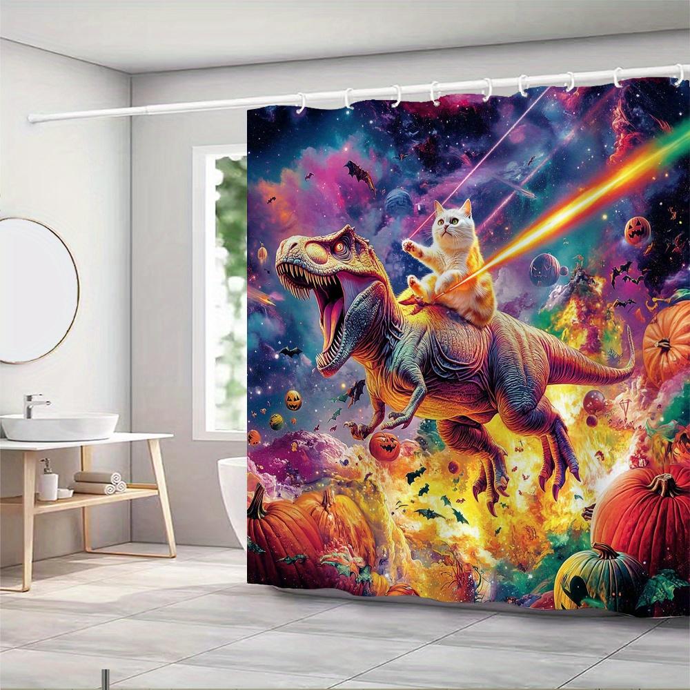 Space Cat Riding Dinosaur Waterproof Mildew-Resistant Shower Curtain - Fantasy Design for a Fun Bathroom Décor Experience