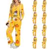 Women's Halloween Print Long Sleeve V-Neck Loose Fit Pajama Set with Pockets