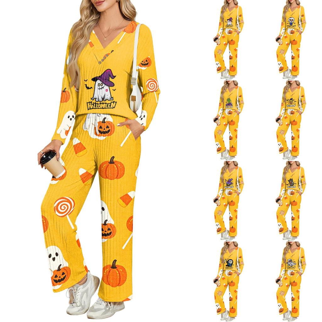 Women's Halloween Print Long Sleeve V-Neck Loose Fit Pajama Set with Pockets