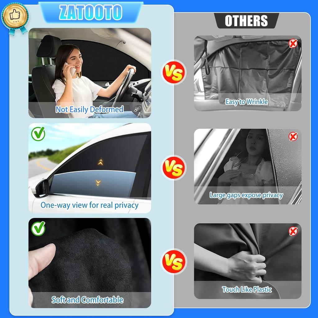ZATOOTO Suede Car Window Shades 4PCS - Car Window Covers For Ultimate Privacy, UV Protection, And Heat Ulation, Sun Shade Perfect For Camping,