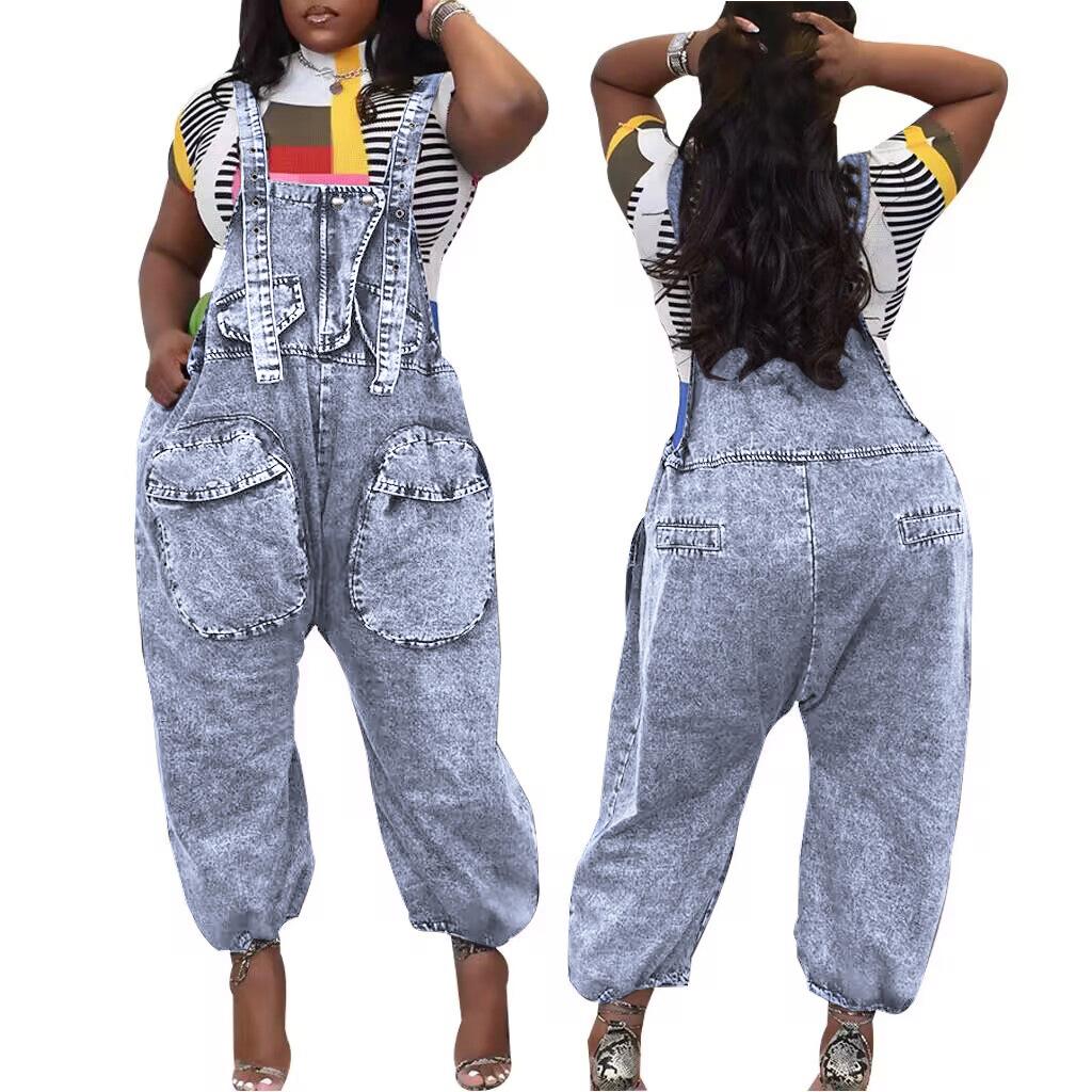 Wmstar Women's Jumpsuit Denim Cargo Pockets One Piece Outfits Wide Leg Black Fashion Streetwear Romper Wholesale Dropshipping