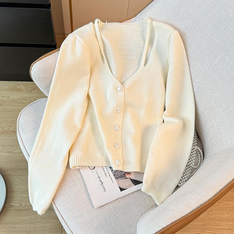

Кардиган Love Button Camisole Универсальный свитер Дизайн Sense Niche V-образный вырез Длинные рукава Вязаные топы Удобные Универсальные и модные One size бежевый
