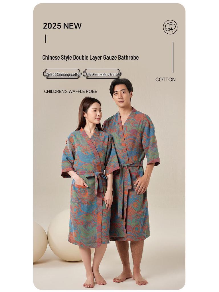 Pure Cotton Double Gauze Chinese Style Couple Bathrobe - Spring/Summer, Thin, Absorbent, Quick-Drying Pajamas/Homewear