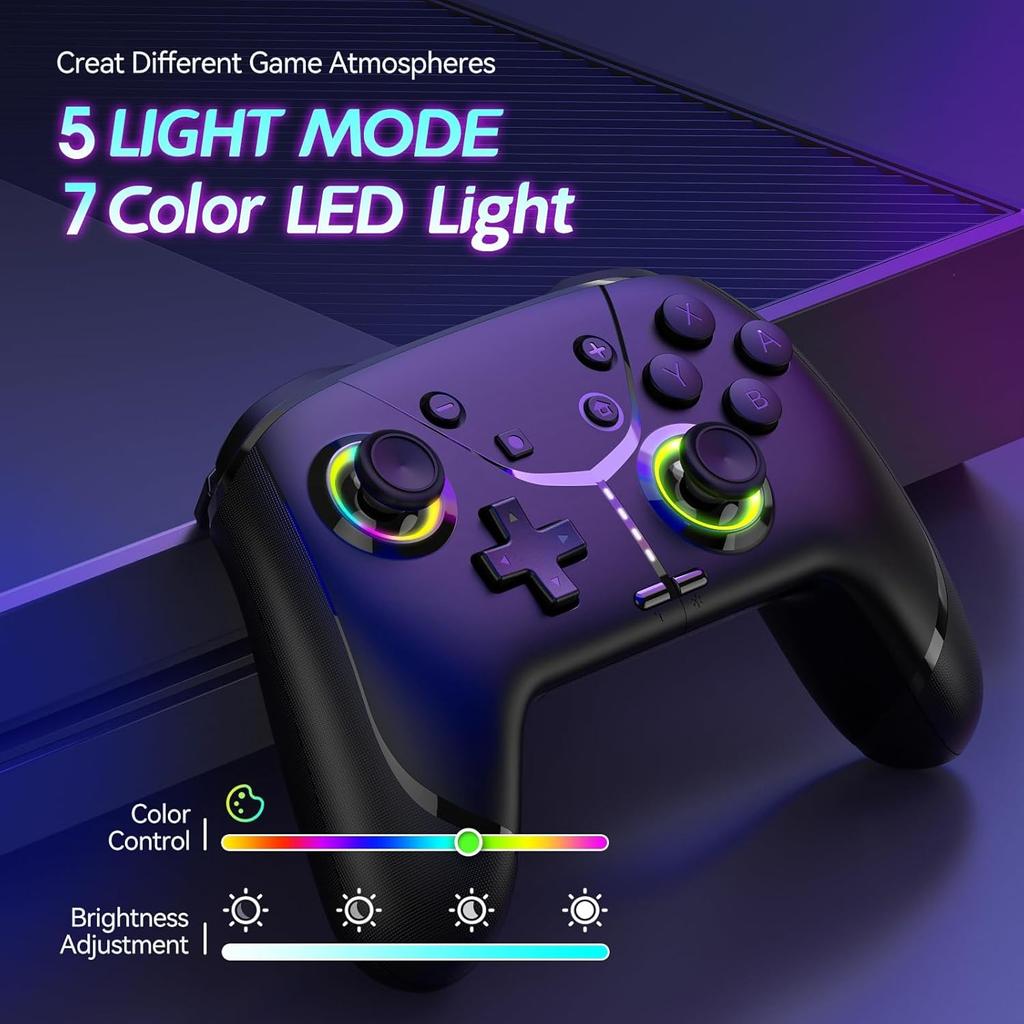 Switch Wireless Pro Controller for Switch/Lite/OLED, 4 Vibration Modes, 3 Turbo Modes for PC/Steam/TV with Programming/6-Axis/Motion/Wake-up/RGB