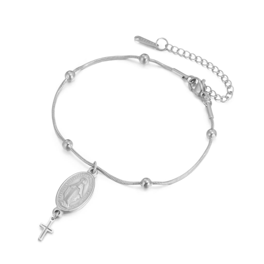 LIKGREAT Virgin Mary Bracelet Cross Pendant for Women Stainless Steel Religious Catholic Amulet Jewelry Gift Adjustable Chain