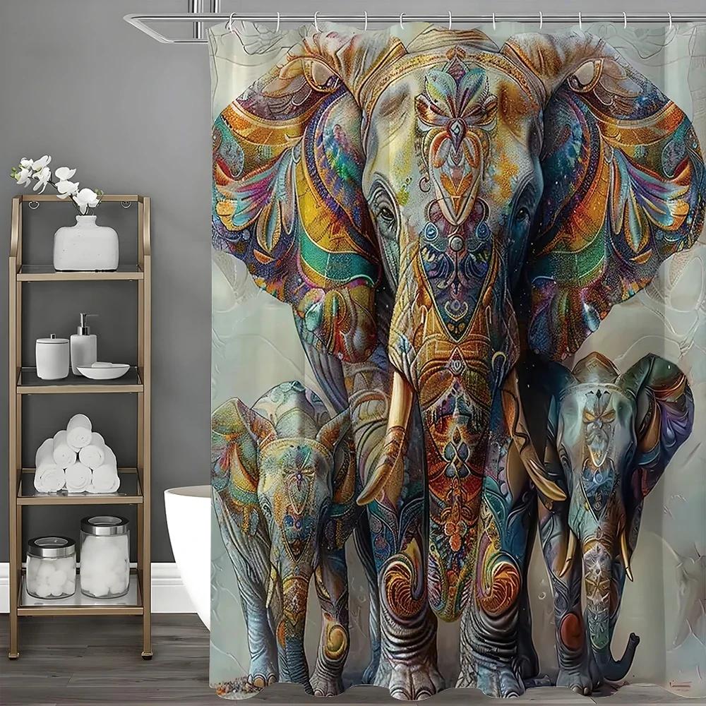 Bohemian Art Wild Elephant Floral Shower Curtain, Bathroom Decorative Shower Curtain, Waterproof Shower Curtain with Hooks