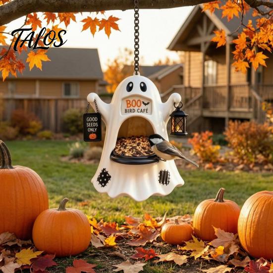 Holiday Garden Pendant Halloween Ghost Bird Feeder, Outdoor Hanging Big Mouth Wild Feeding Decor Station, Spooky Resin Statue for Outside Backyard