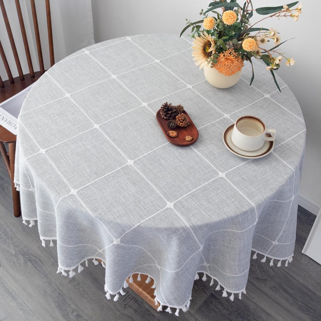 Baumwolle Leinen Runde Tischdecke, Boho Waschbare Karierte Tischdecke mit Quasten Bauernhaus Rustikal Tischdecken für Party Hochzeit
