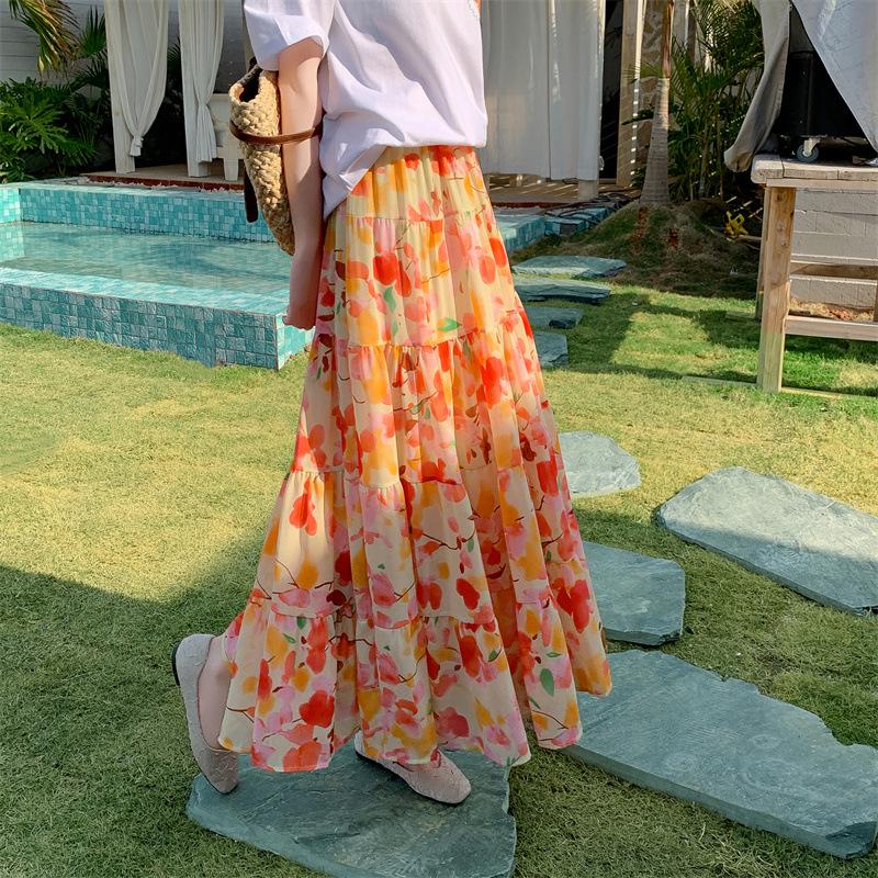 Feiyuan Bohemian Pastoral Chiffon Midi Skirt, One Size, A-line Swing Design for Vacation Style