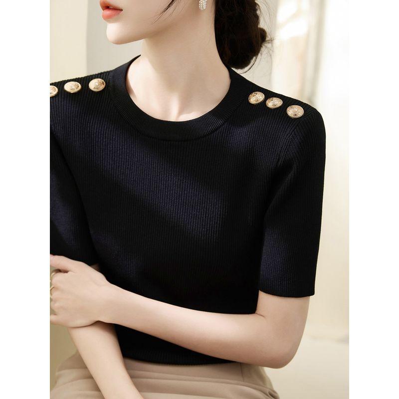 

New Arrival Metal Button Epaulet Design Ice Silk T-shirt Women s Fashion Lyocell Tencel round Neck Shoulder Short Sleeve Tops Black [fabric upgrade]] M