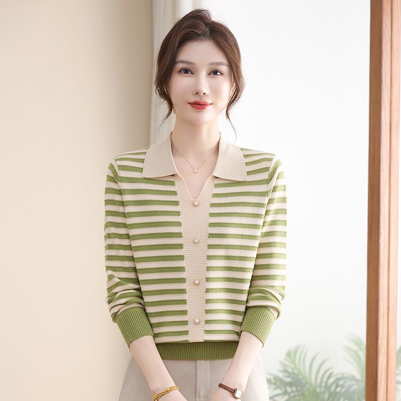 2026 Spring Fashionable Striped Knit Top for Mothers & Elderly Women, Lapel Sweater for Spring & Autumn XL (recommended 60-65 kg) зелёный