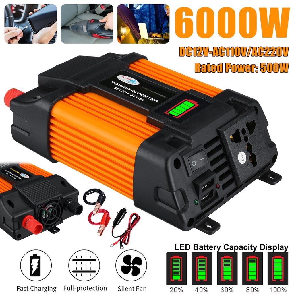 6000W DC 12V to AC 220V/110V Car Power Inverter Charger Converter Voltage Transformer LED Power Display 2 USB Universal Socket