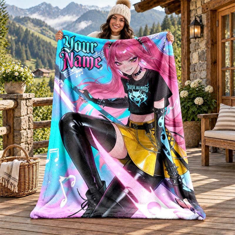 Kpop Demon Hunters Custom Name Flannel Blanket Personalized Soft Warm Plush Throw Blanket Customized Gift for Family Friends
