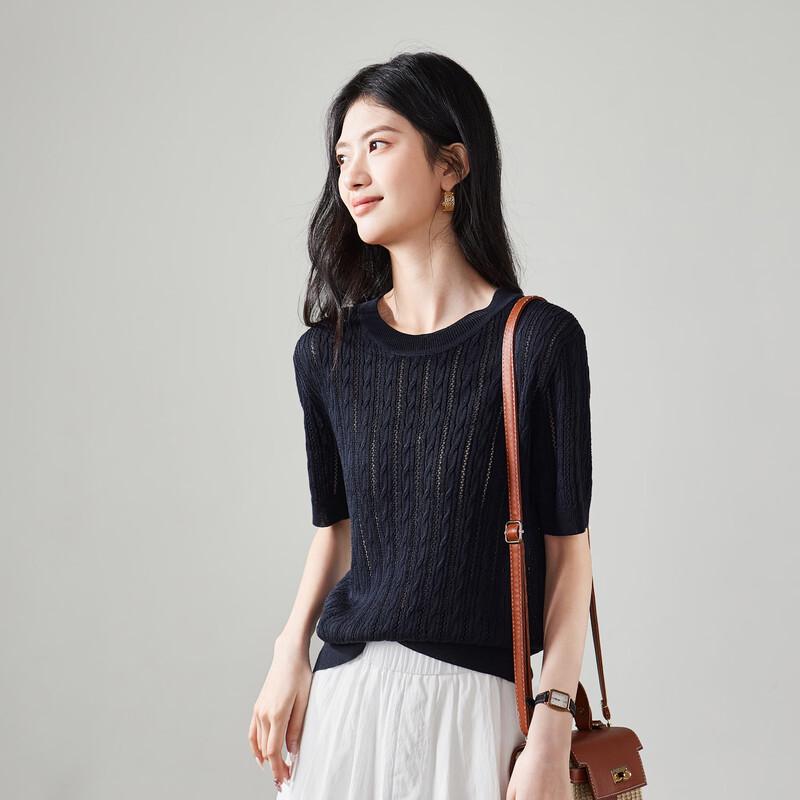 SOFSIL 2026 Spring Hollow Round Neck Short Sleeve Knit T-Shirt