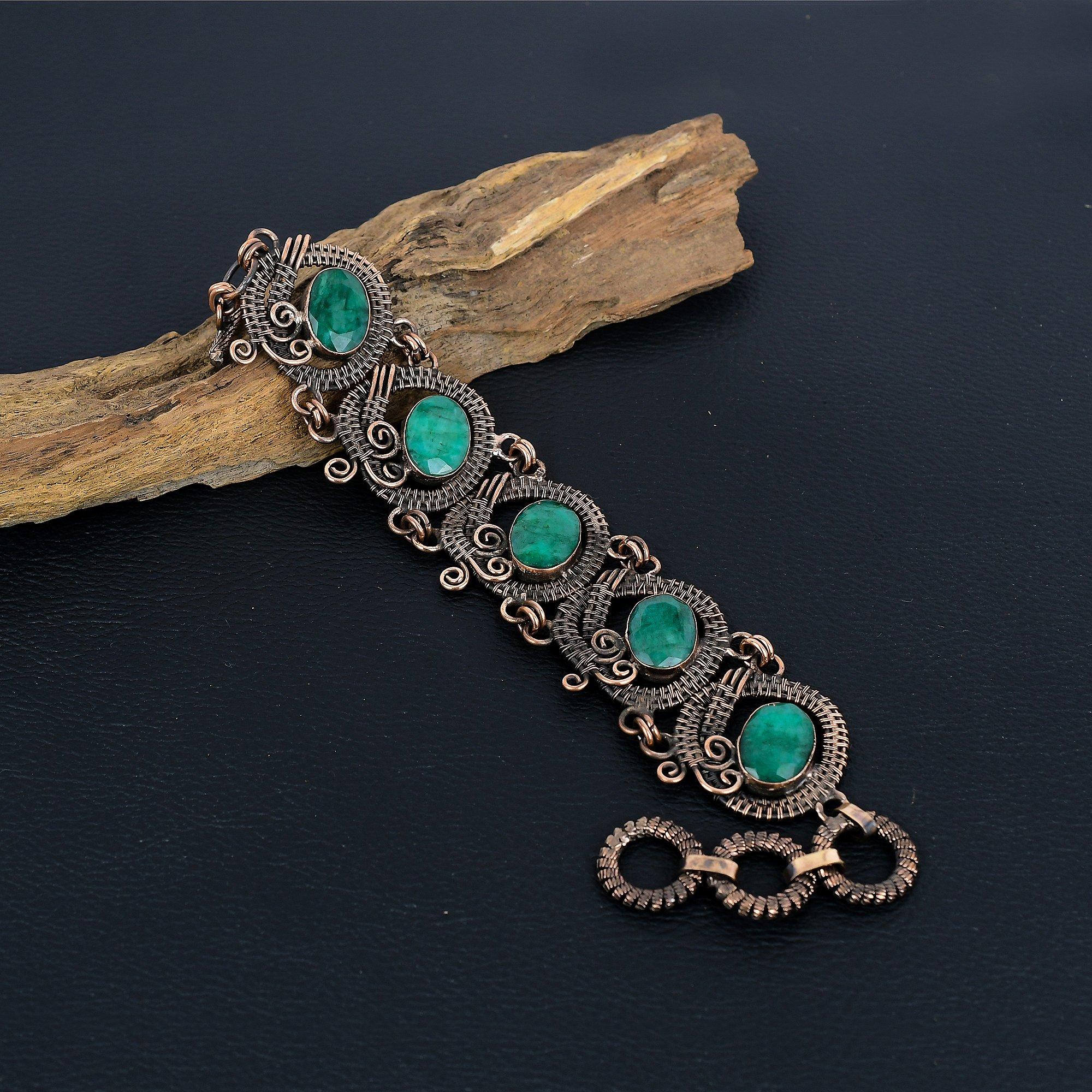 

Изумрудный браслет, Браслет из натуральных камней ручной работы, Винтажное украшение, обернутое медной проволокой 999 пробы, для подарка на помолвку