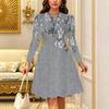 Women Long Sleeve Round Neck Midi Dress Abstract Brush Stroke Floral Print Flared Casual Dress