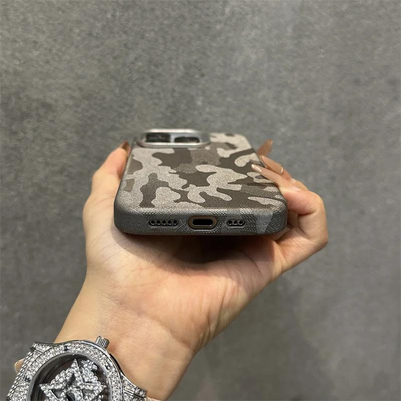 Camouflage Leather Magsafe Case for Iphone 13 14 15pro 12 13Pro 14pro Max Plating Lens Matte Wireless Charging Shockproof Cover