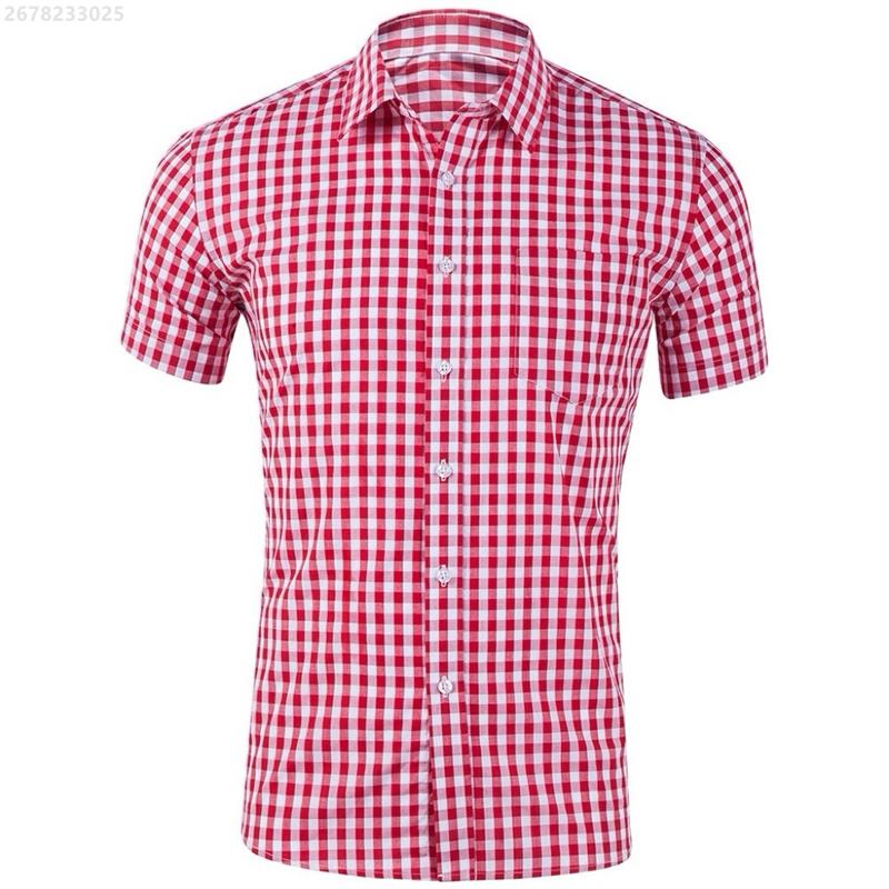 Men's shirt short-sleeved shirt Hawaiian style red and blue plaid lapel casual breathable non-iron vacation street wear XS-6XL
