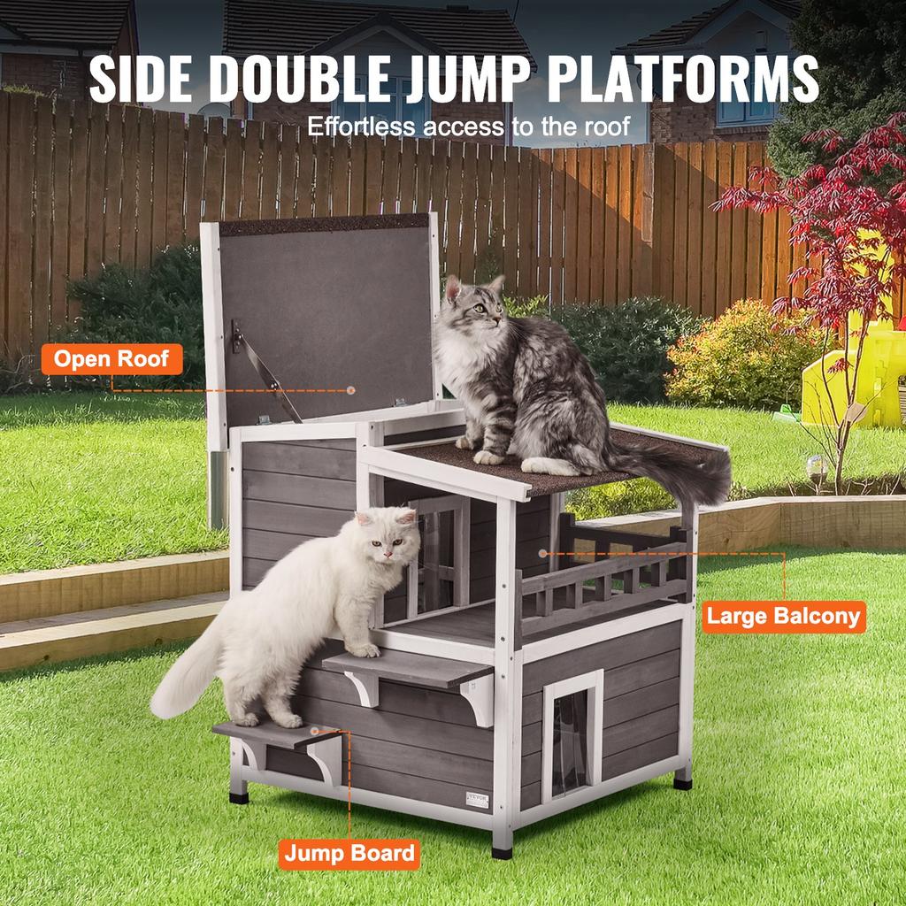 VEVOR Outdoor Cat House Weatherproof, Feral Cat Shelter for Multiple Cats, 2-story Large Outdoor Wooden Cat House with Balcony, Doors