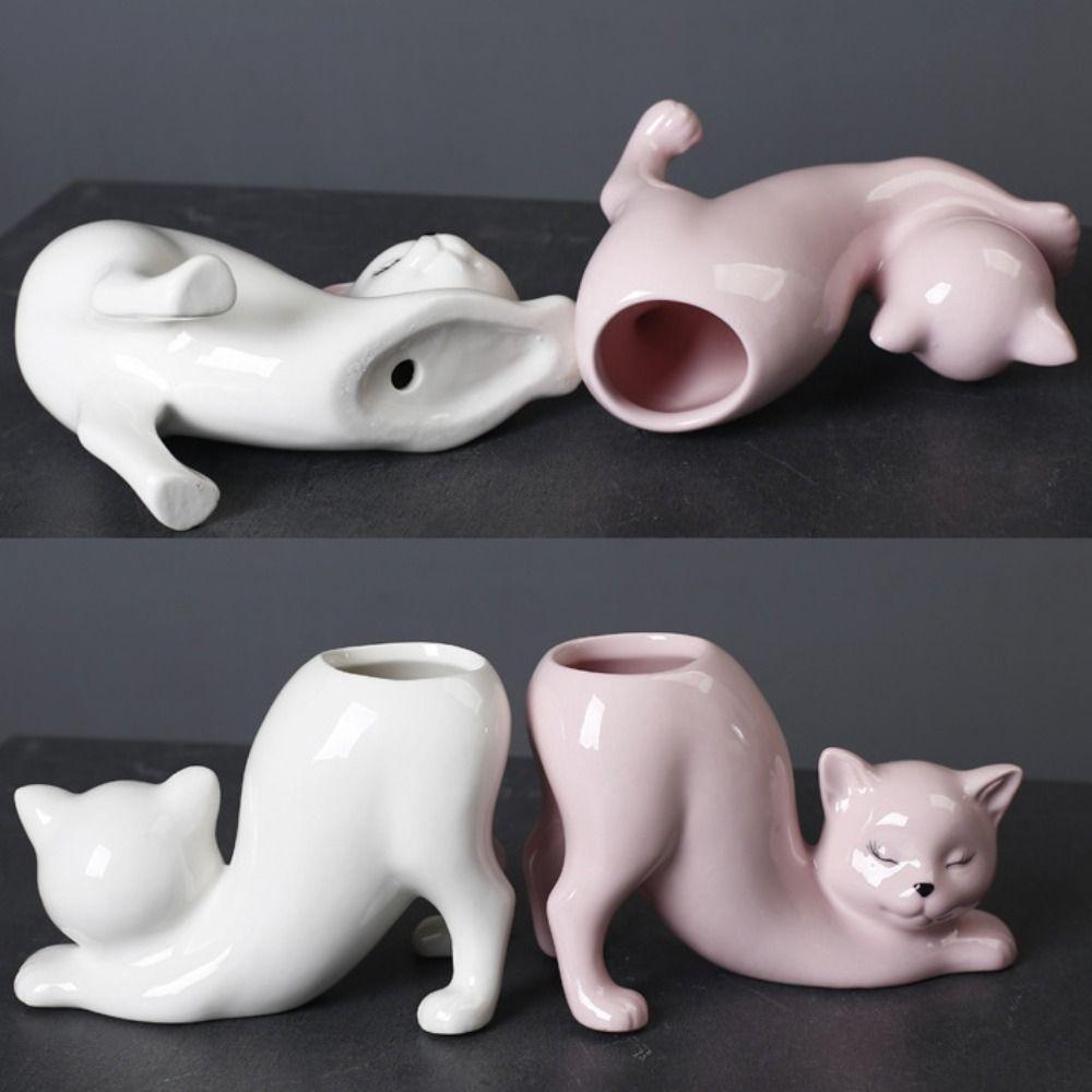 Handicraft Cat Tail Column Flower Pot Ceramic Animal Figurines Sculpture Succulent Flowerpot  Home