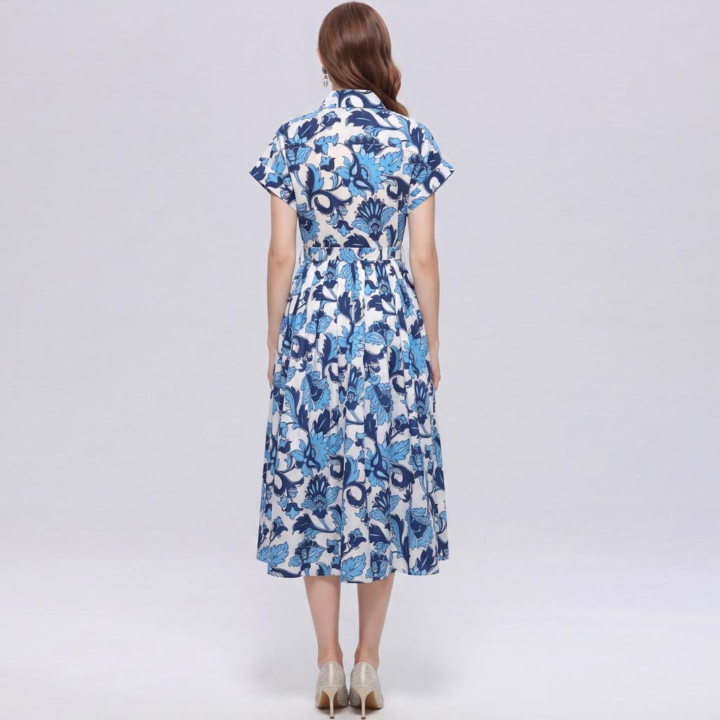 Summer Floral Print Shirt Dress for Women Short Sleeve Maxi Sundress with Lapel Neck Buttons Vintage Fashion Belted Robe