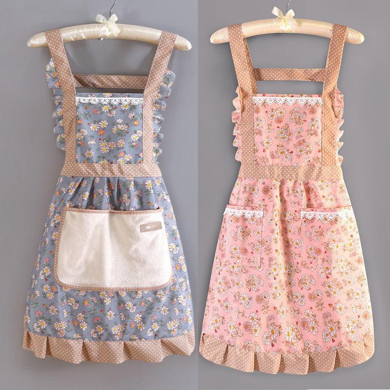 Floral Large Pocket Canvas Cotton Apron Kitchen Home Wipeable Hand Strap