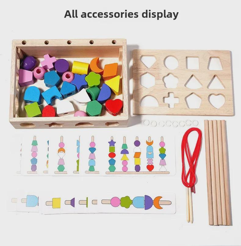 Grenzüberschreitendes kognitives Zuordnungs-Puzzle mit geometrischen Holzformen: Kinder Perlenfädeln mit Fünf-Spalten-Sets