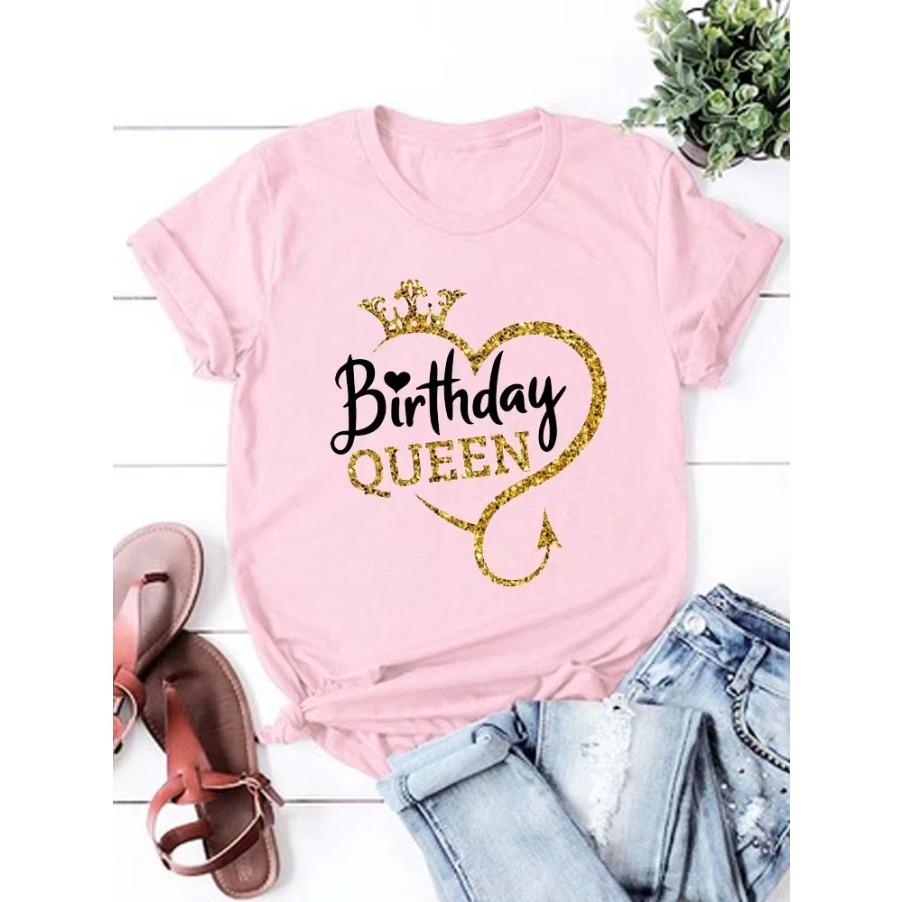 Cotton Tee Birthday Gift for Girls Birthday Queen Graphic Print Tshirt Women's Clothing Harajuku Summer Short Sleeves Crew Neck T-Shirt