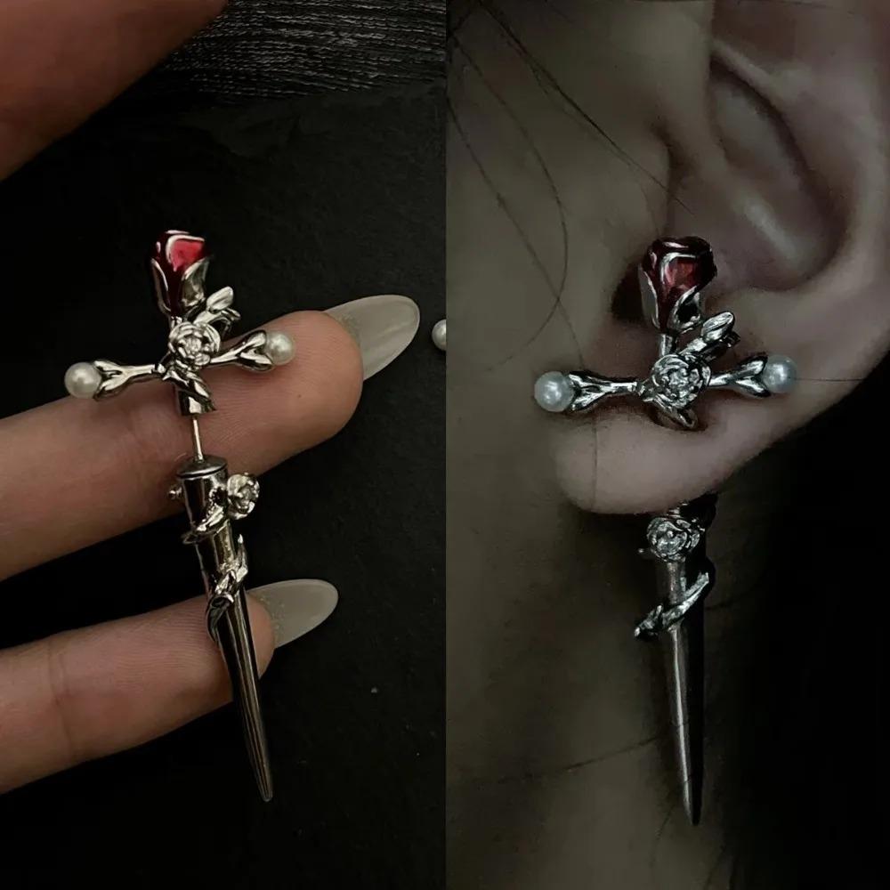 Retro Dark Gothic Punk Rose Cross Thorn Earring Unisex Piercing Ear Needle Earstuds Fashion Jewelry Accessorie