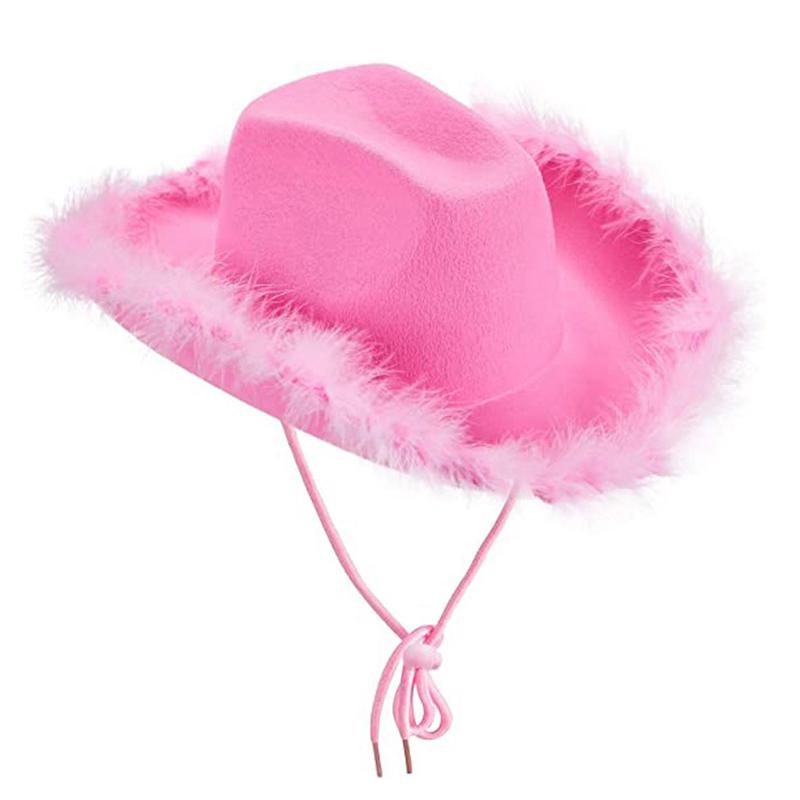 

1 шт. Великолепная пушистая шляпа ковбоя с перьевыми полями, широкополая шляпа ковбойки, подходящая ко всему для Марди Гра, рейва, игры, нарядного платья розовый