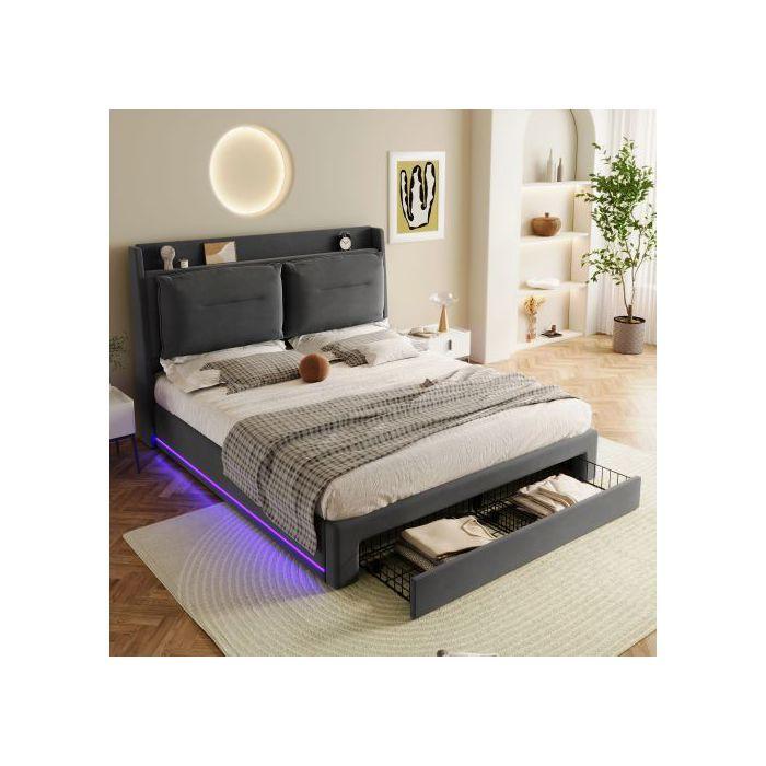 Lit D'appoint - MUVOE - 140x190 Cm - Velours Gris - LED Réglable - Rangement Multifonctionnel