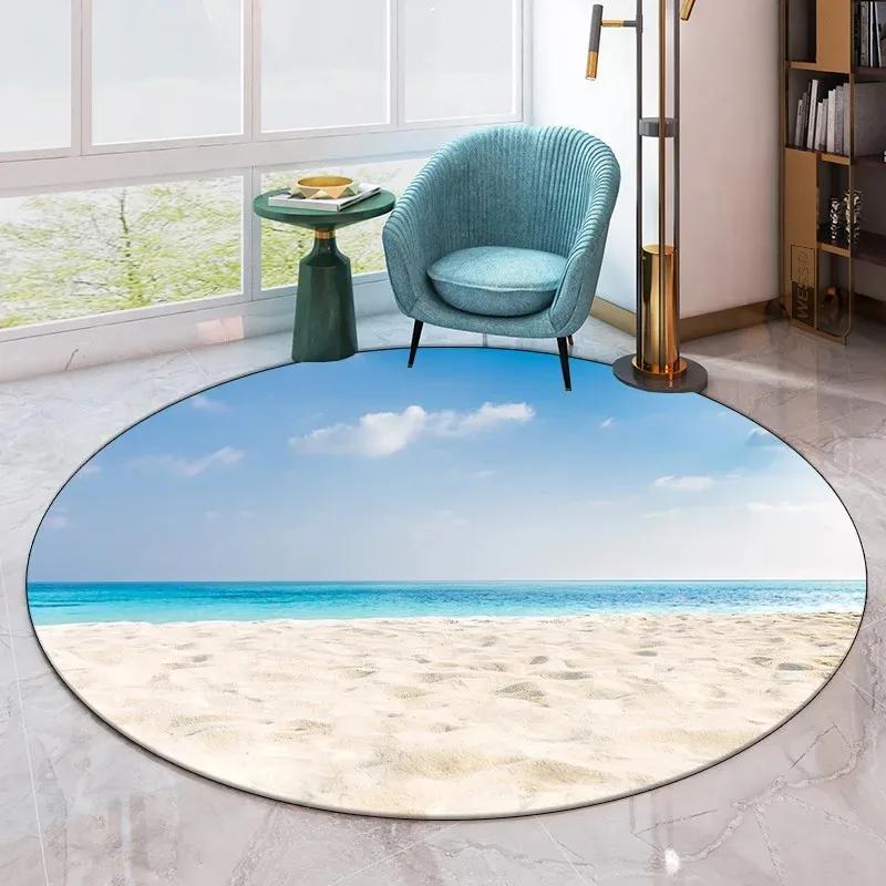 Seaside Beach Pattern Round Carpet Living Room Sofa Non-slip Floor Mat Home Decoration Bedroom Bathroom Absorbent Floor Mat