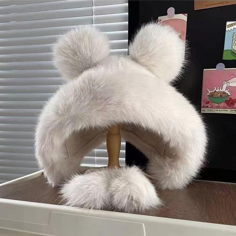 RICYGVM Șapcă de protecție pentru urechi din blană pufoasă pentru femei, iarnă, pălărie de pescar de pluș, rezistentă la vânt, Căldură, drăguță, ursuleț, căciuli pentru urechi.