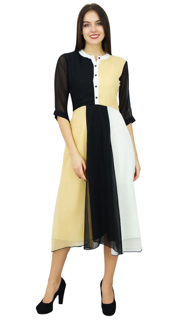 Bimba Womens Classic Mandarin Collar Shift TriColor Midi Summer Chic Dresses