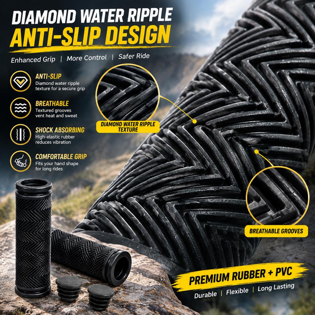 Bicycle Handlebar Grips, Water Ripple Dual-Open Rubber, Fits 2.22-2.54cm Bars, 1 Pair with Dust Plugs