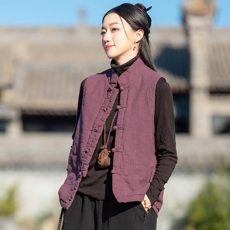 Johnature Women Vintage Coats Stand Sleeveless Button Solid Color Cloths Winter Button Coats