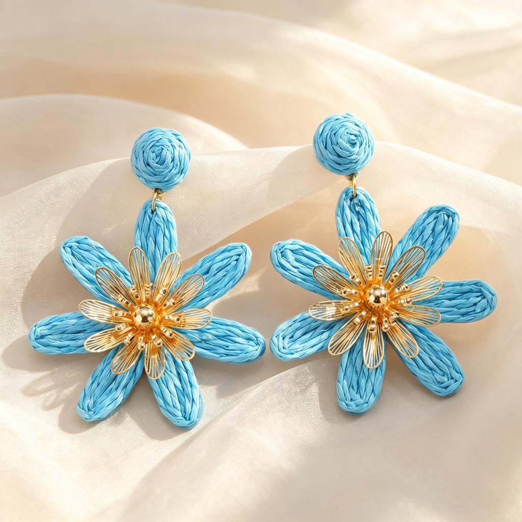 Fashion Boho Candy Color Raffia Flower Dangle Earrings for Women Elegant Handmade Sweet Earrings Summer Party Vacation Jewelry