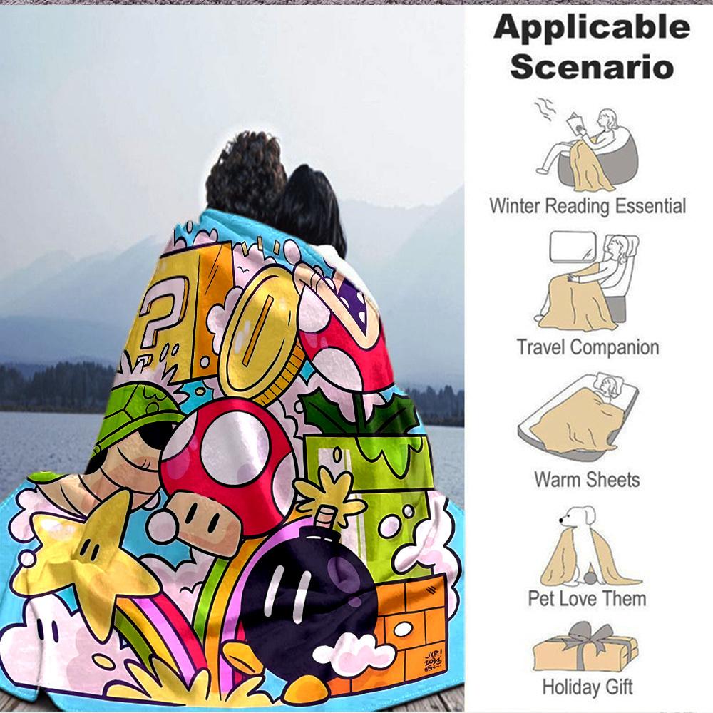 1pc Mario Adventure Flannel Blanket, Soft Skin Friendly with Digital Printing, Various Sizes Available for Family, Friends, Birthday