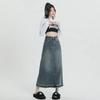 Retro Washed Denim Midi Skirt for Women, 2023 Spring/Summer, XS-XL, Spandex Blend