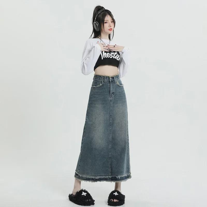 Retro Washed Denim Midi Skirt for Women, 2023 Spring/Summer, XS-XL, Spandex Blend