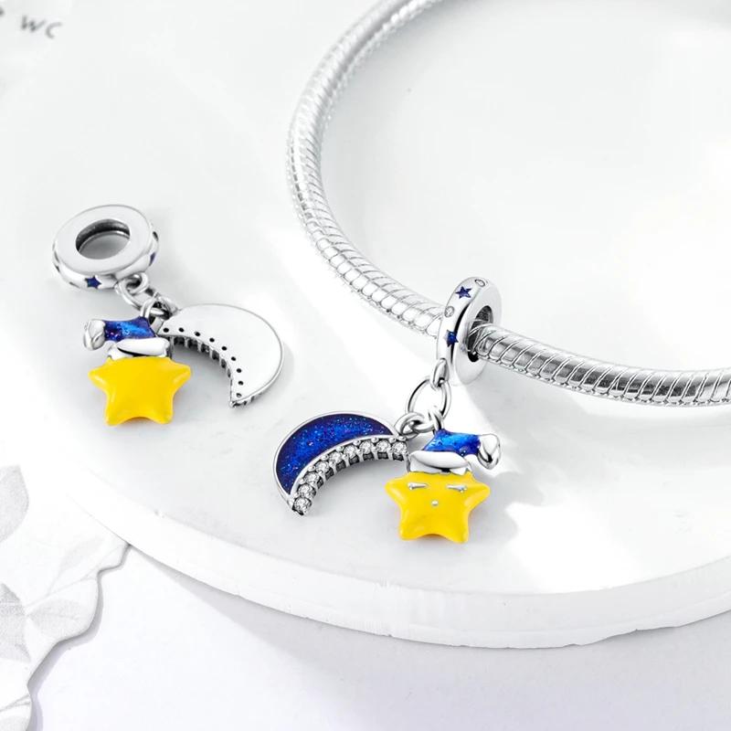 Charm Bead Charms copper Cute Nightcap Star Shape Blue Moon Bead Charms Compatible With Charm Bead Charms Plata Authentic Bracelets Bead Charms Women