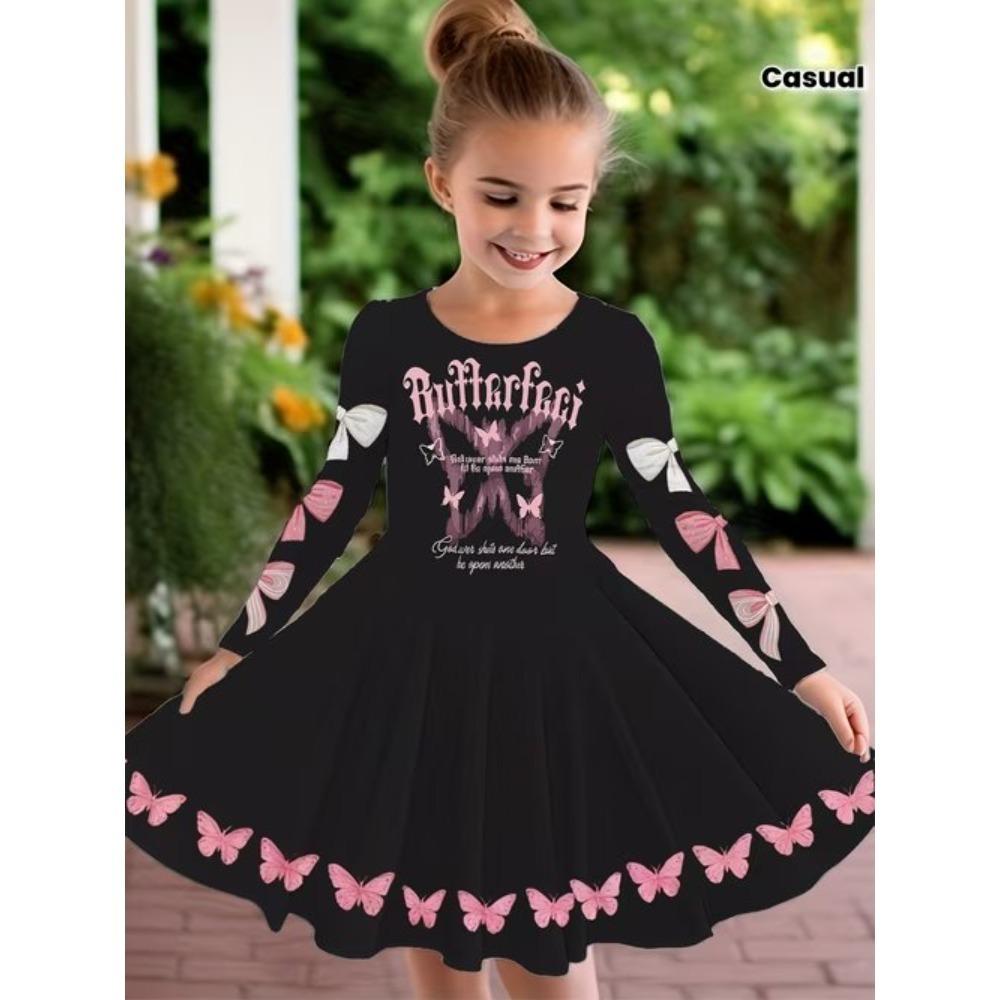 Girl Casual 3D Four-leaf Clover Print Round Neck Long Sleeve Dress Kid Princess Dress