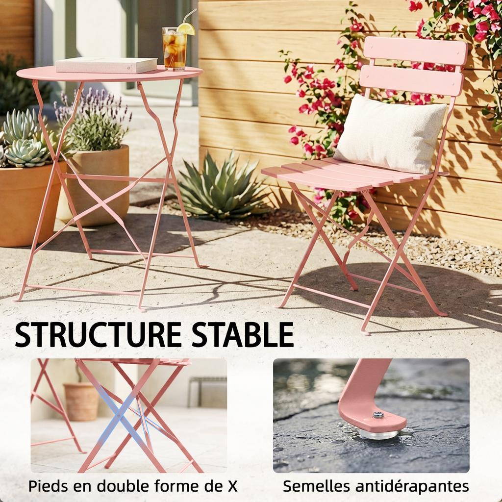 Garden Bistro Set 3 Pieces Table and 2 Folding Slatted Chairs Double Rust Protection Pink