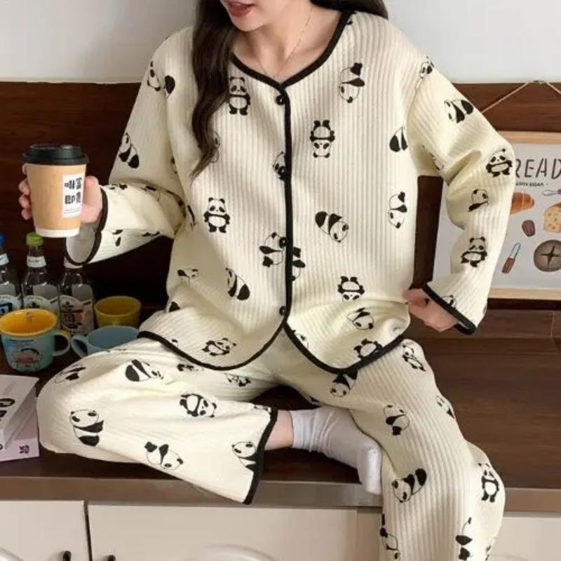 Heart Print Sleepwear Women Pajama Sets Korean Piiama Ruffles Pants Sets for Women 2 Pieces Autumn Night Wears Button Home Suit